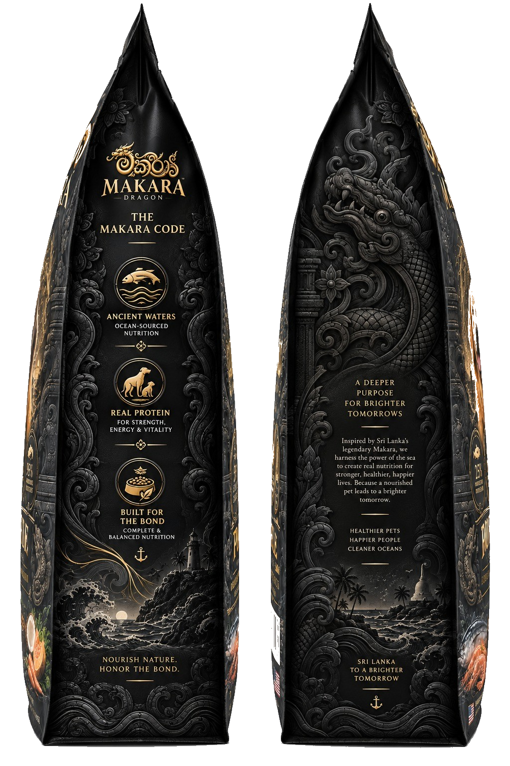 Original Makara packaging side artwork with carved aquatic guardian